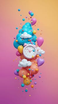 A colorful clock with a bunch of balloons and clouds surrounding it. The clock is set at 10:00