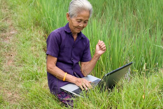 Old Asian woman with laptop