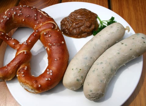 Bavarian veal sausage,mustard and pretzel