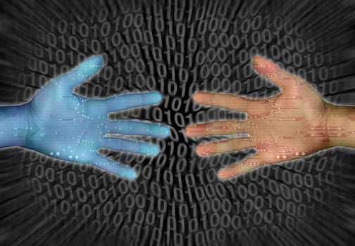 hands reaching each other and binary cod