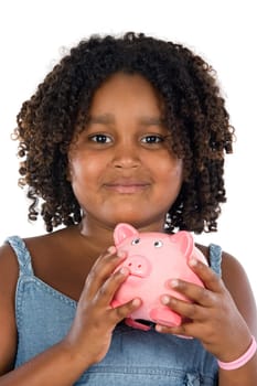 african girl with pink piggy bank