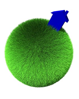 blue house on sphere of grass
