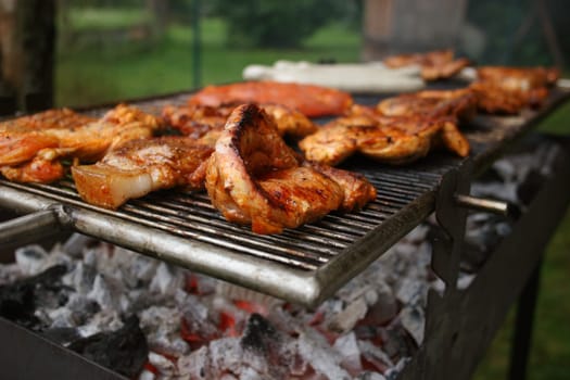 Steaks,bratwurst and Krakauer on grill
