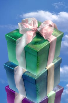 gift boxes close up in clear sky