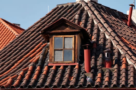 Prague roofs, chimney shafts, windows and dove
