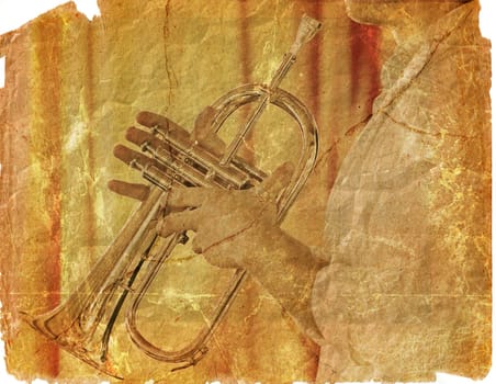 jazz trumpeter on the scrap of paper - grunge style