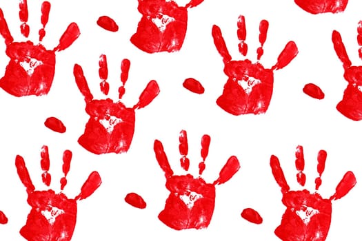close up red child handprints on white
