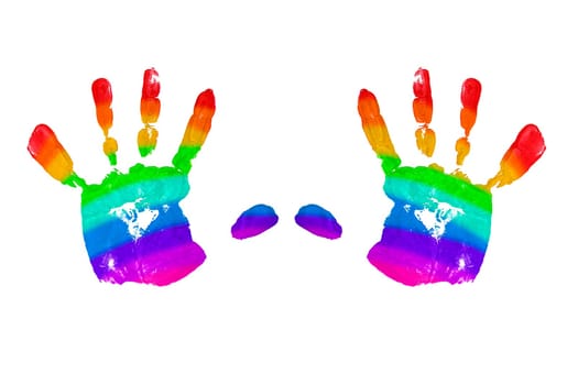 close up colorful child handprints