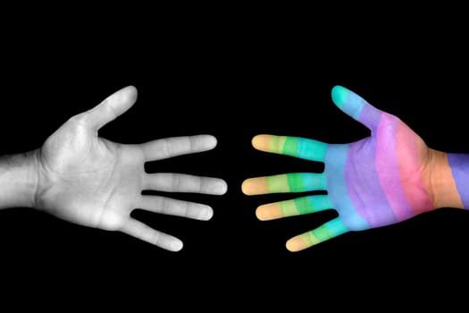monochrome and colorful hands