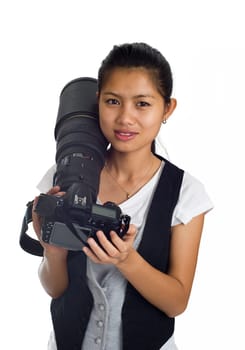 Young asian woman with camera and telephoto