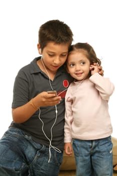 Children enjoying a mp4 player together