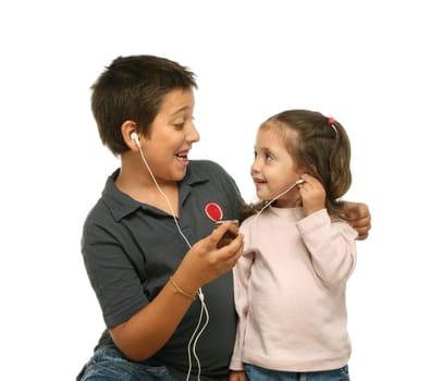 Children enjoying a mp4 player together