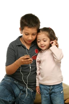 Children enjoying a mp4 player together