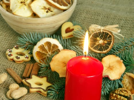 Christmas still life in red candle