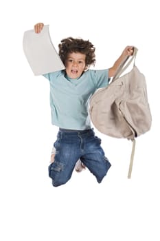 Happy child jumping with backpack
