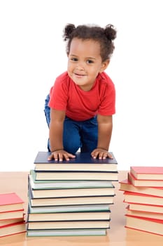 Baby climbing over a pile of books