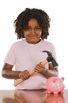 Happy girl with hammer and money box