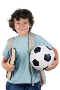 Student boy blond with a soccer ball