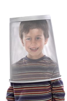 Funny child with the trash in the head