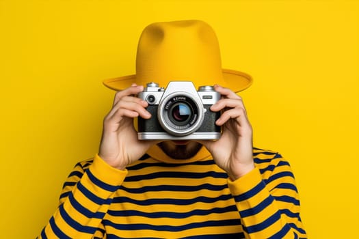 Man hipster tourist modern shoot yellow beauty studio summer retro vintage background fashion lifestyle photograph camera traveler hobby portrait caucasian art photo