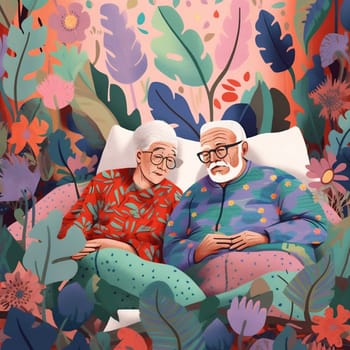 woman character man couple grandfather aged together rest bed wife illustration romantic happy love husband pillow female grandmother old asleep retired cartoon. Generative AI.