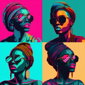 woman listen afro person art style model decoration black diversity colours face love graphic beauty rainbow hair fashion illustration ai colourful. Generative AI.