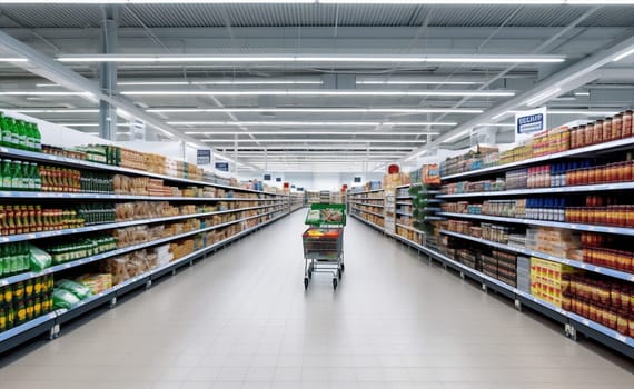 Grocery interior store food row commerce shelf supermarket retail mall customer business hypermarket buy sale shopping consumer purchase trolley marketing