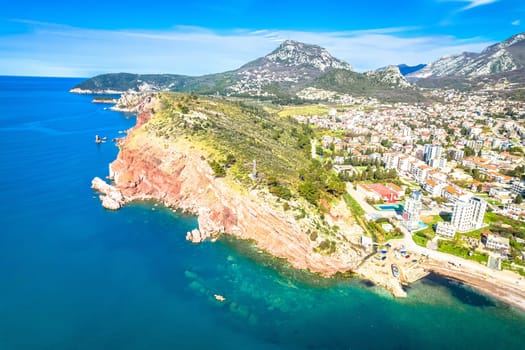 Town of Sutomore coastline aerial view, archipelago of Montenegro