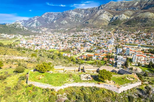 Town of Sutomore hill fortress aerial view, archipelago of Montenegro