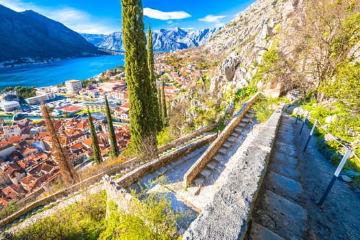 Boka Kotorska and town of Kotor bay panoramic view from the hill, coastline of Montenegro