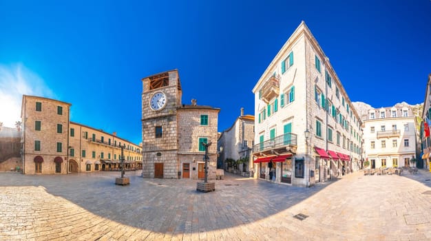 Town of Kotor stone square panoramic view, coastline of Montenegro