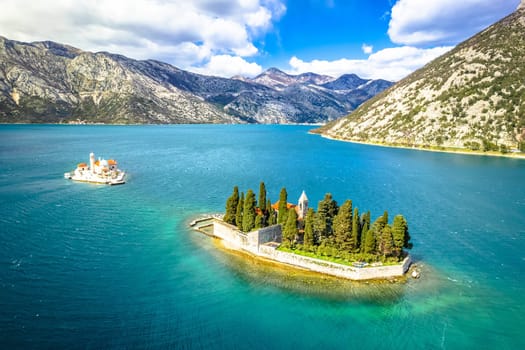 Boka Kotorska bay scenic islets aerial view, archipelago of Montenegro