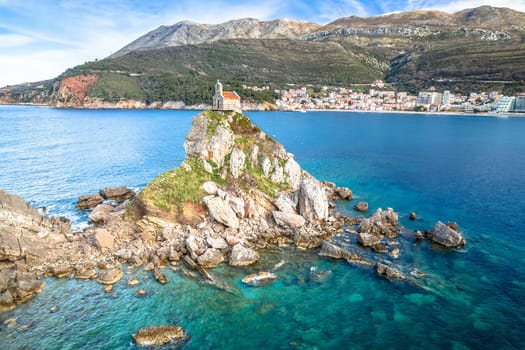 Church on the rock on Katic islet in Petrovac aerial view, archipelago of Montenegro