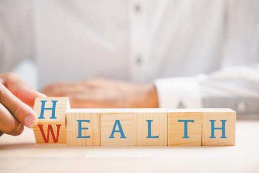 Wealth transforms Cube flip signifies health. Life insurance and healthcare investment concept. Money to well-being strategy.