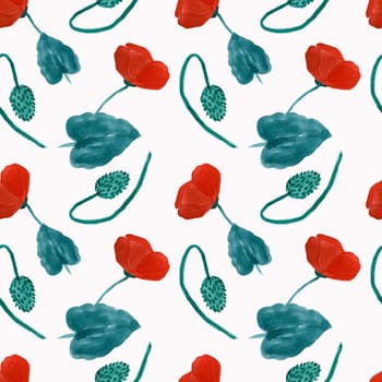 Seamless pattern of red poppies flowers on a white background. Botany. Floristry. Gift packaging. romance.