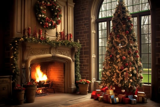 Beautiful Christmas Decorated Home Interior With A Christmas Tree And Christmas Presents. AI generated.