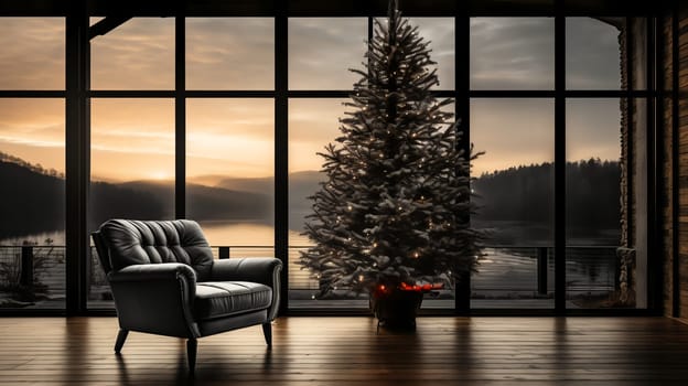 Luxurious Christmas atmospheric interior of a house with a Christmas tree. AI generated.