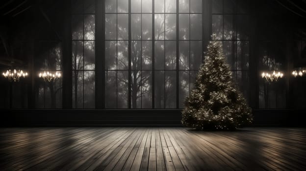 Luxurious Christmas atmospheric interior of a house with a Christmas tree. AI generated.