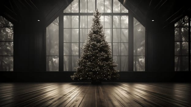 Luxurious Christmas atmospheric interior of a house with a Christmas tree. AI generated.