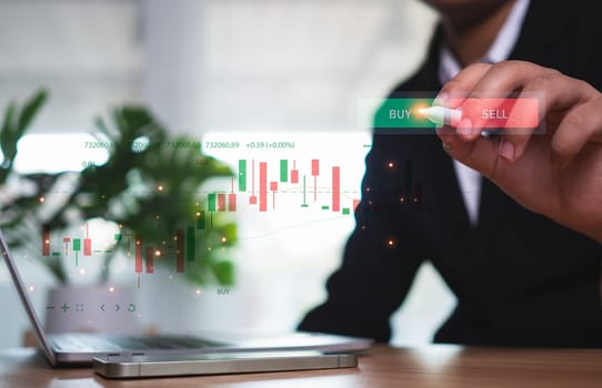 Stock market, Business growth, progress or success concept. Businessman or trader is showing a growing virtual hologram stock, invest in trading.