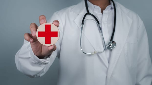 Doctor holding circle wood plank and plus sign on white background. Medical health care and medical services. concept of insurance.