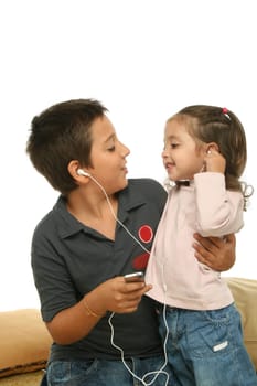 Children enjoying a mp4 player together
