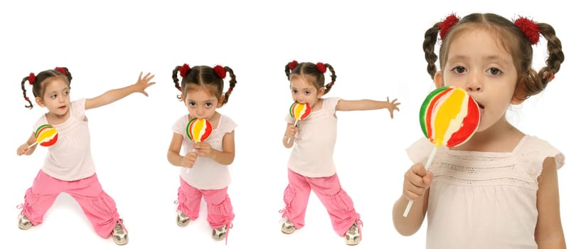 Toddler holding a lollipop with different expressions