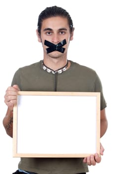 Mute boy holding poster
