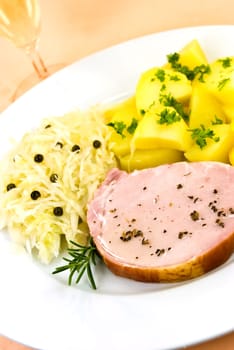 Kassel with potatoes,sauerkraut,sparkling wine