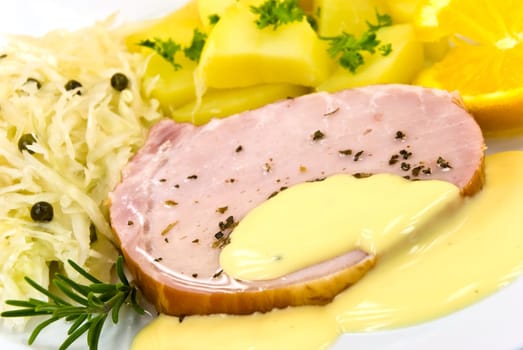 Kassel with potatoes,sauerkraut,sauce