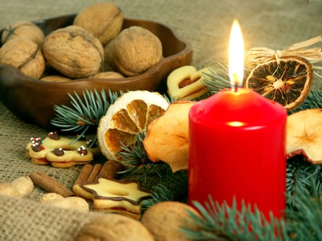 Christmas still life in red candle