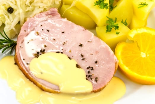 Kassel with potatoes,sauerkraut,sauce