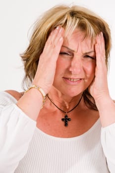 woman gesturing headache