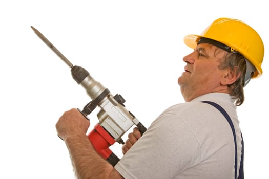 Worker with hammer drill and hard hat